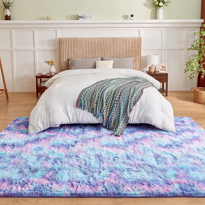 Andency 6x9 Area Rugs, Large Shag Fluffy Soft Shaggy Rugs for Living Room Bedroom, Non-Slip Tie-Dyed Unicorn Rainbow Thick Plush Carpet for Kids Girls and Boys, Dorm Nursery Home Decor Aesthetic