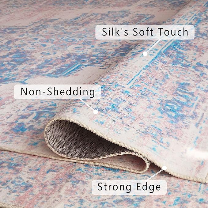 vivorug Runner Rug 2x10 Machine Washable Rug with Non-Slip Backing, Ideal for Kitchen Hallway Entryway Laundry Room - Vintage-Inspired, Durable, Easy Clean, Low Pile Carpet Runner, Pink