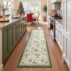 jinchan Elora 3x10 Floral Runner Rug for Hallway Washable Kitchen Runner Vintage Romance Design Non Slip Thin Indoor Floor Cover Low-Profile Throw Carpet for Entryway Bathroom Bedroom, Green/Beige