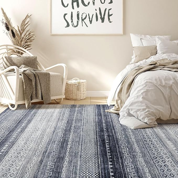Nakagishi 10x14 Area Rugs Living Room: Washable Boho Large Neutral Modern Soft Stain Resistant Farmhouse Indoor Rug Non-Slip Accent Carpet for Bedroom Nursery Kids Playroom Office Dining Room- Blue