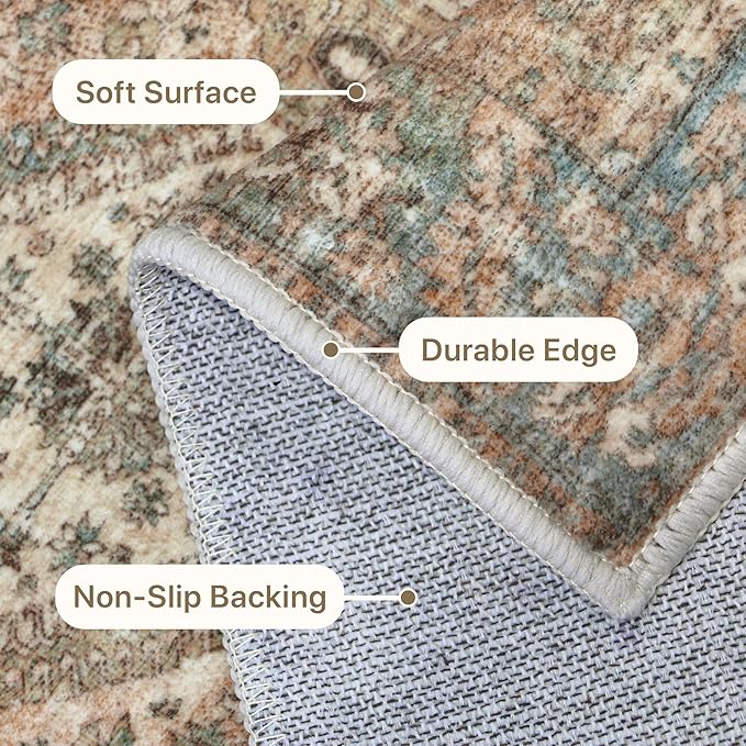 Bavni 3x5 Area Rugs for Living Room, Machine Washable Rug Non Slip, Vintage Chenille Distressed Print Carpet, Large Low Pile Ultra-Thin Lightweight Rugs for Bedroom, Dining Room, Office, Wood Brown