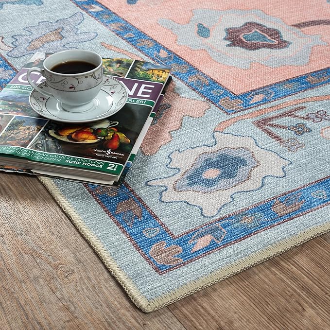 Fame Living Modern Oushak Rug, Vintage, Turkish, Eclectic, Floral, Pastel, Washable, Area Rugs for Living Room, Dining, Bedroom, Office, Entryway, Foyer, Playroom, Nursery, 5'x6'9"