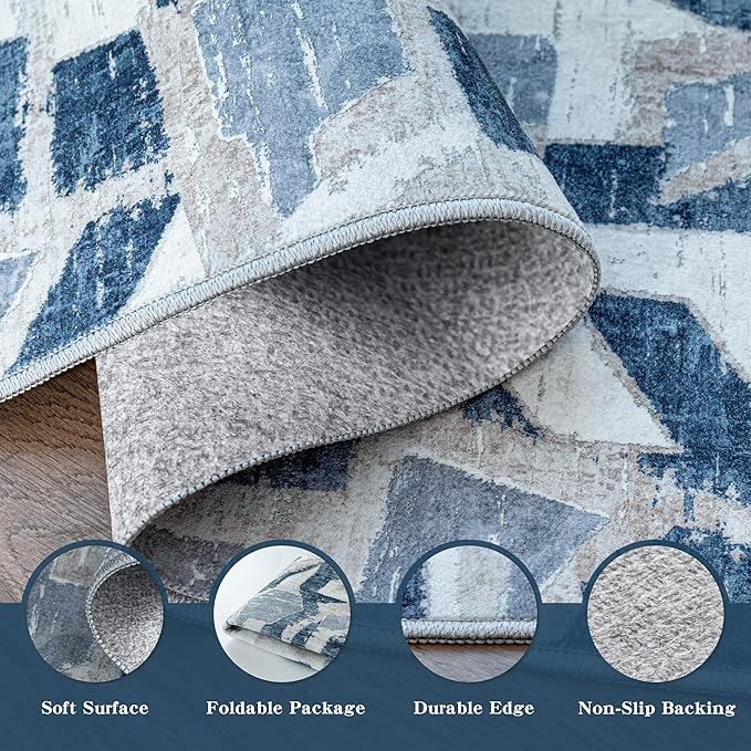 Blue 6X9 Area Rugs for Living Room Bedroom,Modern Abstract Large Carpet Washable Rugs 6X9 for Dining Room Office,Non Slip Print Faux Wool Thin 6 by 9 Indoor Nursery Kids Home Pet & Child Friendly