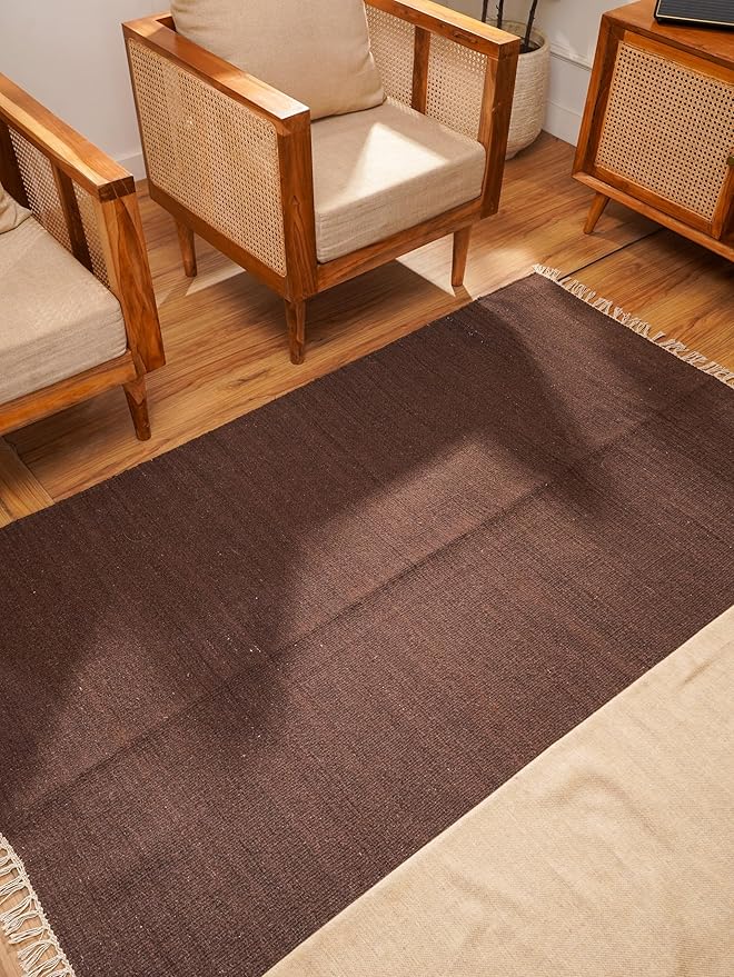 Rugsotic Carpets Hand Woven Flat Weave Kilim Wool 5'x8' Area Rug Solid Dark Brown D00111
