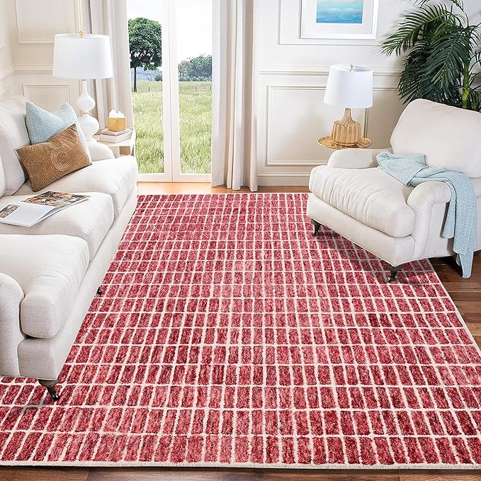 Hand-Tufted 100% Wool Area Rug – Unique Modern Geometric Grid Pattern, Soft Plush Textured Carpet for Living Room, Bedroom, Dining Room & Entryway (Brick Red, 4' x 6')