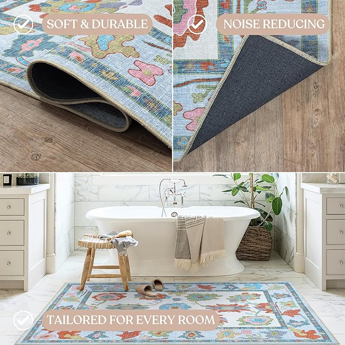 Fame Living Colorful Oushak Runner Rug, Modern Runners, Vintage, Turkish, Eclectic, Floral, Pastel, Washable, Long Runner Rugs for Hallway, Kitchen, Living Room, Bedroom, Kitchen, Bathroom, 2'5"x13'