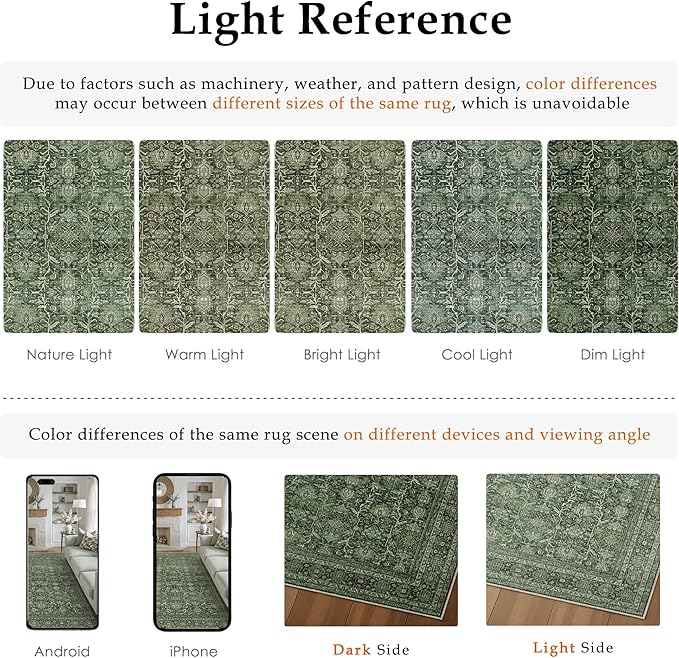 Area Rug 9x12 Green Washable Living Room Carpet Soft Non Slip Vintage Bedroom Indoor Office Traditional Retro Distressed Large Thicker Throw Rug for Dining Room Playroom
