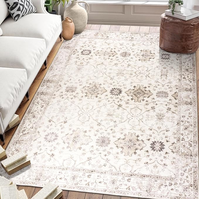 ReaLife Rugs Machine Washable Area Rug - Living Room Bedroom Bathroom Kitchen Entryway Office - Padded Low Pile Stain Resistant Premium - Boho Farmhouse Vintage - BEV - Beige 7'6" x 9'6"