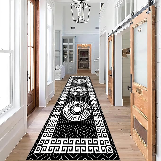 Modern Black White Geometric Kitchen Rug, 2x10ft, Greek Key Meander Design Entrance Rugs, Easy Clean Low Pile Washable Carpet, Soft Foldable No Crease Carpets for Porch Family