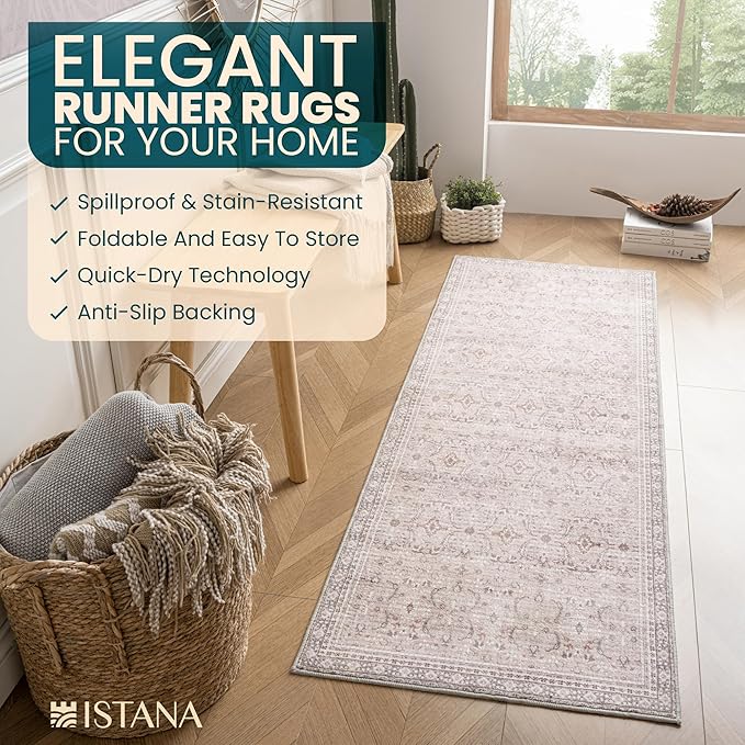Istana Hallway Runner Rug 2x8 – Beige Grey/Light Cream Entryway Rug -Silk's Soft Touch Runners for Hallways - Stylish Kitchen Runner Rug Non Slip