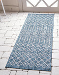 Unique Loom Outdoor Trellis Collection Area Rug - Tribal Trellis (2' x 10' Runner, Blue/ Ivory)