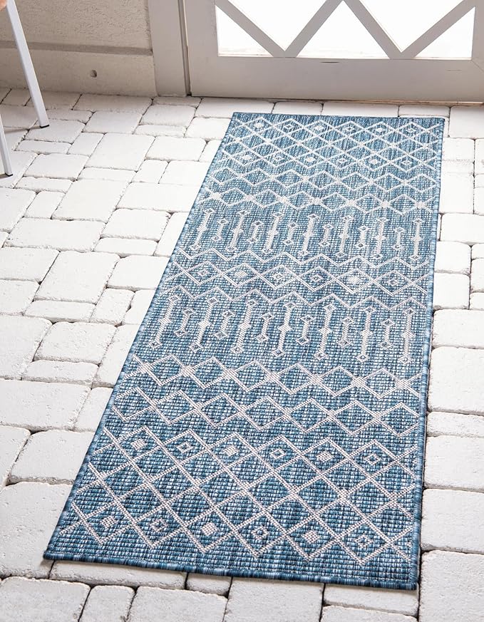 Unique Loom Outdoor Trellis Collection Area Rug - Tribal Trellis (2' x 10' Runner, Blue/ Ivory)