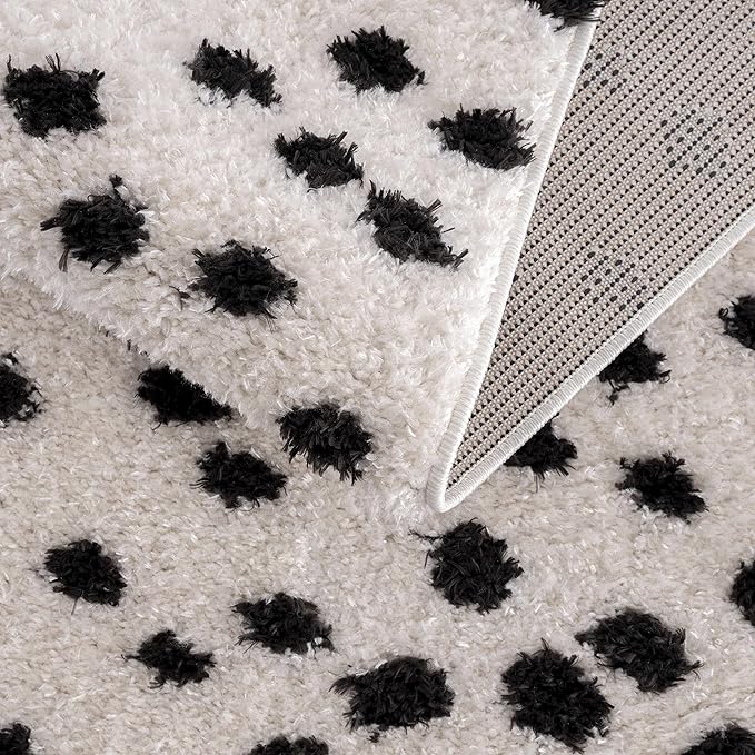 Hauteloom Tilos Dalmatian Small Shag Area Rug Door Mat - Shaggy Carpet - Dot Pattern - High Plush Pile - Black, White - 2' x 3'