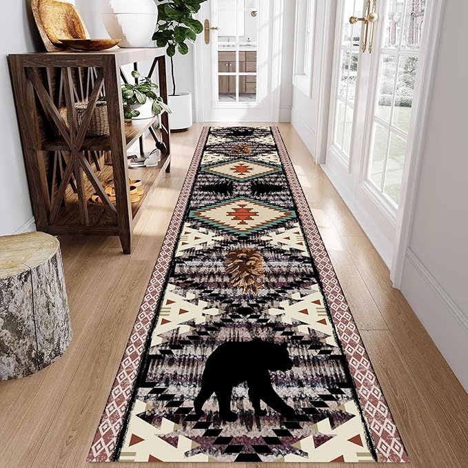 Wild Animal Runner, 2x6ft Bohemian Southwestern Country Hallway Animal Bear Pine Cone Long Rug, Comfortable Breathable Vintage for Kitchen Dining Room Office