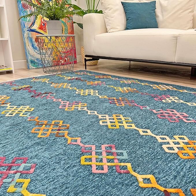 Alfa Rich 3x10 Moroccan Blue Washable Area Rugs for Living Room Hallway Kitchen Decor Cotton Runner