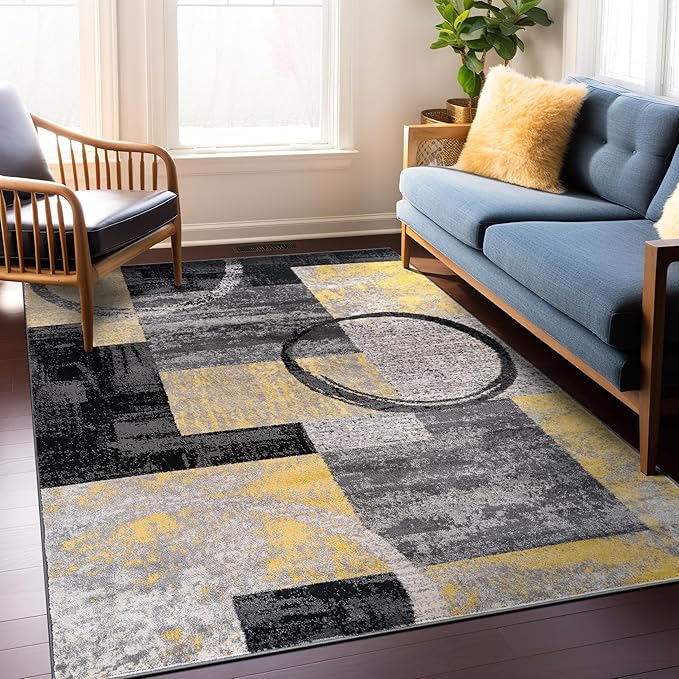 Rugshop Contemporary Circle Design Area Rug, Carpet with Jute Backing for Living Room, Bedroom, or Dining Room, Yellow, 5'3" x 7'3"