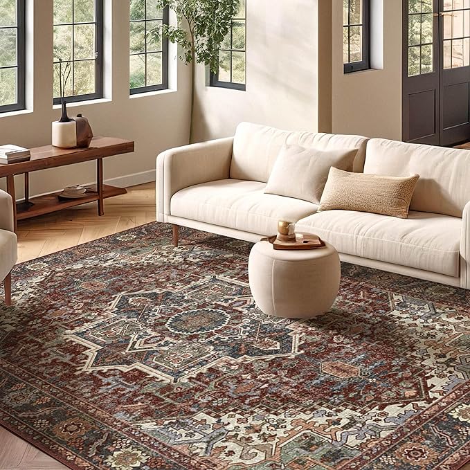 Kokia 9x12 Washable Area Rugs Maroon with Vintage Orient Design, Soft Rug for Living Room or Bedroom, Non-Slip Low Pile Stain Resistance Features, Distressed Medallion Pattern