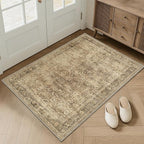 FMFUNCTEX Entryway Rug 2x3 Washable Brown Vintage Distressed Door Mat Non Slip Low Pile Indoor Carpet Soft Retro Floral Small Throw Area Rugs for Entry Way Entrance Bedroom Kitchen Bathroom Laundry