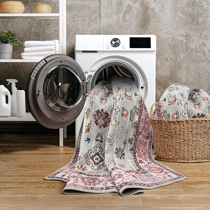 GLN Rugs Traditional Collection - Machine Washable Area Rug, Traditional Washable, Non Slip, Low Pile Chenille Rug, Living Room, Bedroom, Kitchen Rug (8' x 10' Pink/Blue/Multicolor)