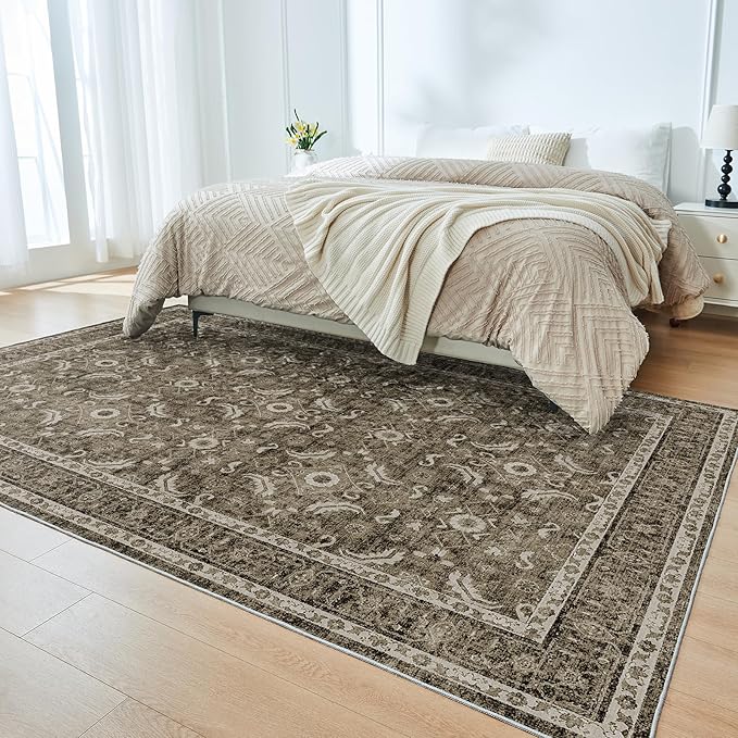WITSHOCK Living Room Area Rugs 5x8: Soft Non-Slip Backing Washable Rugs Vintage Large Carpet for Bedroom Office Dining Room Kitchen Stain Resistant Home Decor Rug, Dark Brown