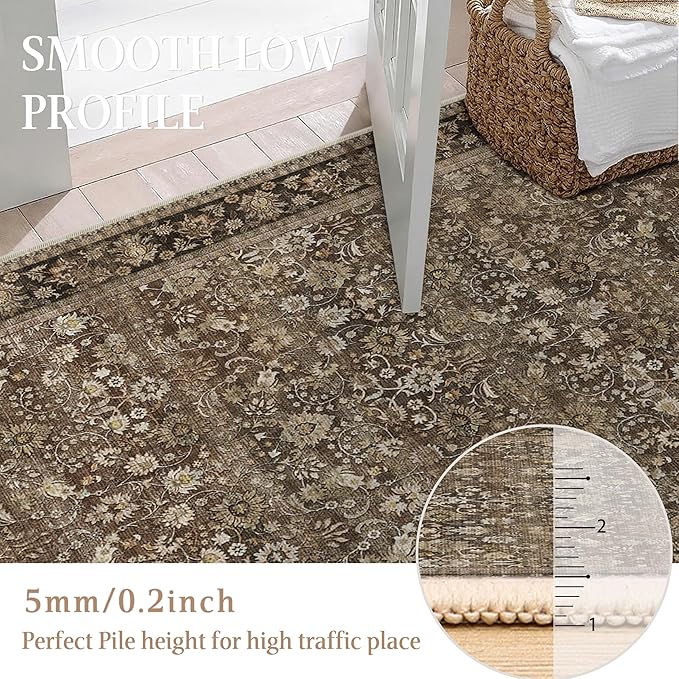 HUGEAR Round Rug 5ft Entryway Rugs Machine Washable Brown Hallway Area Rug 5x5 Small Circle Accent Rug Floral Low Pile Carpet Soft Throw Rug Living Room Office Laundry Room Entrance Non Slip