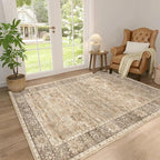 3x5 Washable Area Rug for Living Room Bedroom Dining Room Non-Slip Low Pile Boho Vintage Distressed Entryway Rug Traditional Floral Retro Accent Throw Carpet for Dining Room Bathroom Kitchen Beige