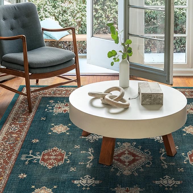 RUGGABLE Washable Vintage Area Rug – Verena Teal Blue 5x7, Stain-Resistant, Non-Slip – Medium Machine Washable Rugs for Living Room, Bedroom, Hallway, Entryway & Office–with Standard Pad