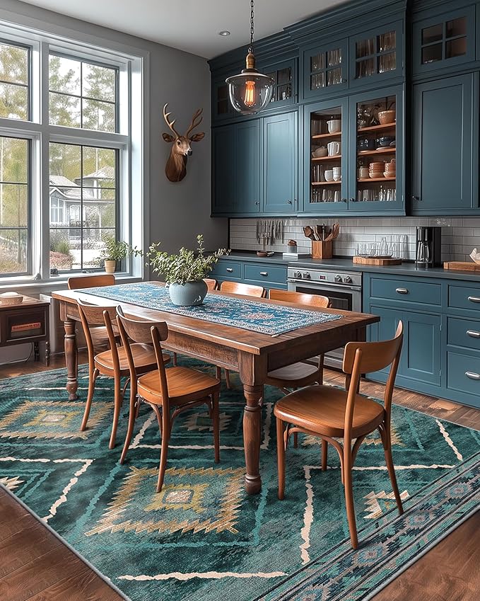 Area Rug 3x5 Rug Machine Washable Non-Slip Low Pile Print Pattern Western Rug for Living Room Bedroom Entryway Tribal Series -Teal/Green