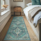Bavni Kitchen Rug 2x7 Runner Rugs for Hallways Entryway, Washable Vintage Print Carpet, Ultra-Thin Chenille Low Pile Lightweight Rug with Non Slip Backing, Blue/Green