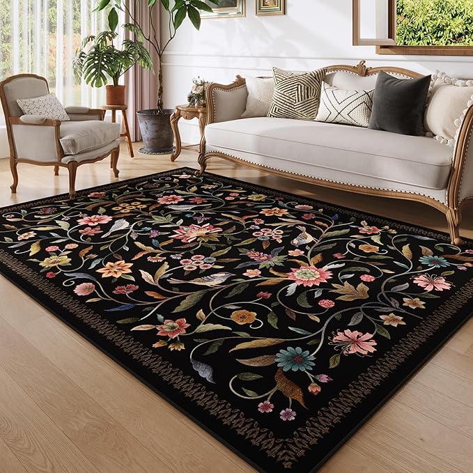 Vintage Medallion Floral 5x7 Area Rugs, Machine Washable Non-Slip, Low Pile Soft Carpet for Living Room, Bedroom, Dining Room, Farmhouse, Kids Playroom, Office | Black