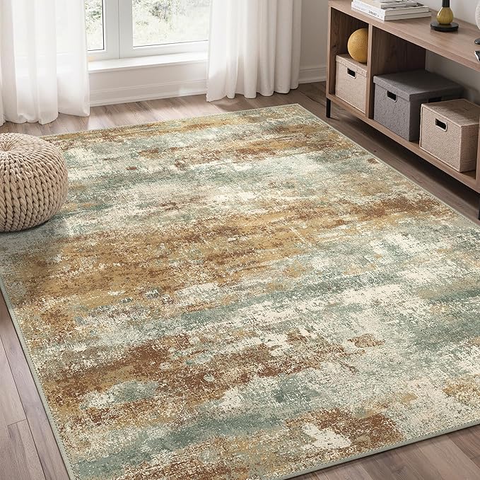 GENIMO Abstract Area Rug 5x7, Washable Modern Rug Non Slip, Low Pile Lightweight Soft Large Carpet for Living Room, Bedroom, Dining Room, Orange Green