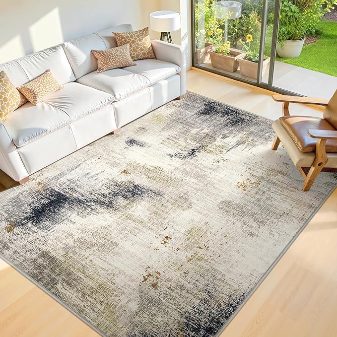10x14 Washable Area Rugs - Modern Abstract Large Rugs for Living Room Non-Slip Low Pile Soft Machine Washable Carpet for Bedroom, Under Dining Table, Nursery, Farmhouse (10'x14' Beige Tan)