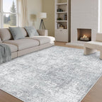 6x9 Area Rug Washable Vintage Living Room Carpet Large Indoor Non Slip Grey Bedroom Distressed Low Pile Retro Accent Throw Rug for Dining Room