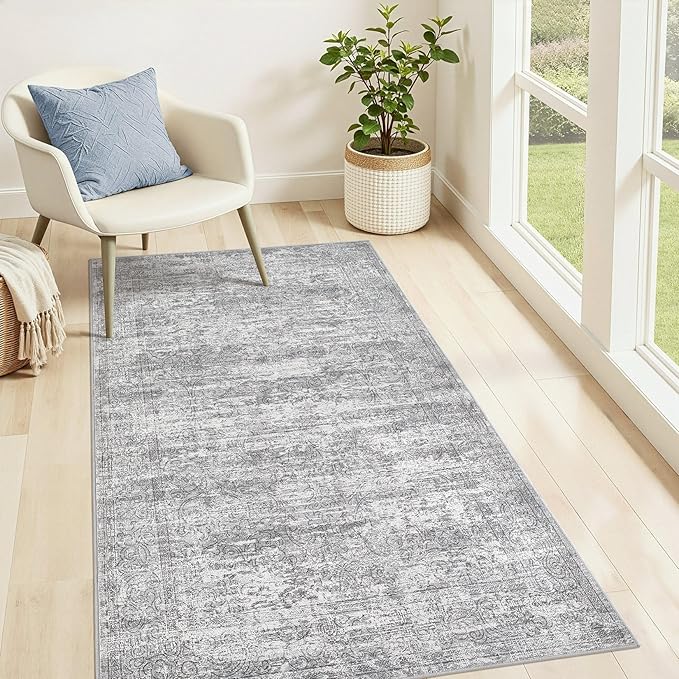 Washable Area Rug: 3x5 ft Abstract Small Rugs for Entryway Kitchen Living Room Bedroom - Non Slip Modern Neutral Carpet Indoor Front Door - Vintage Grey