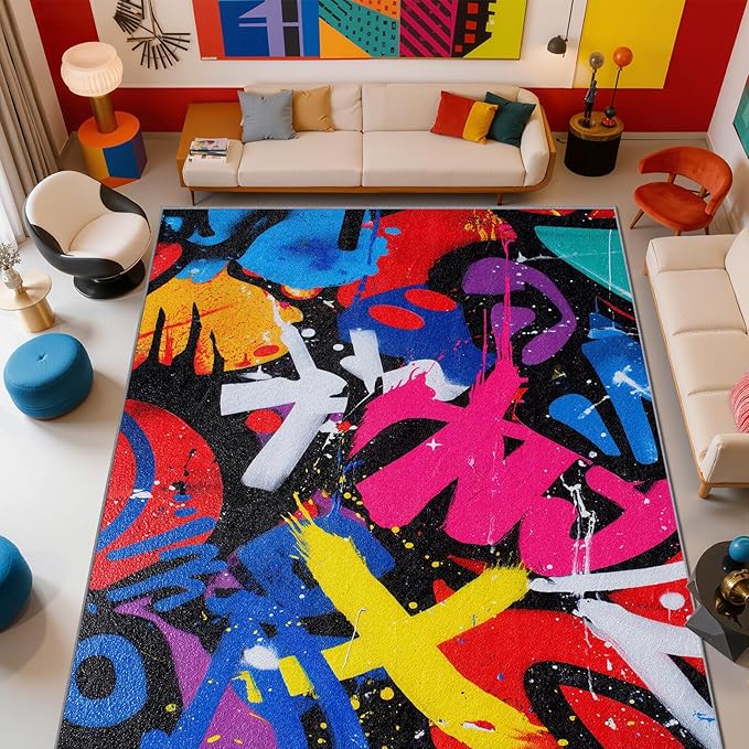 Pop Art Rugs for Living Room - Colorful Geometric Abstract Area Rugs 7x10, Retro Funky Art High Traffic Lightweight Extra Large Carpet Home Decor #C077