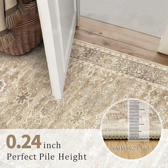 5x7 Beige Washable Rug for Living Room Large Vintage Distressed Bedroom Rug Low Pile Non-Slip Soft Boho Carpets for Bedroom Dining Room Home Office Indoor Nursery