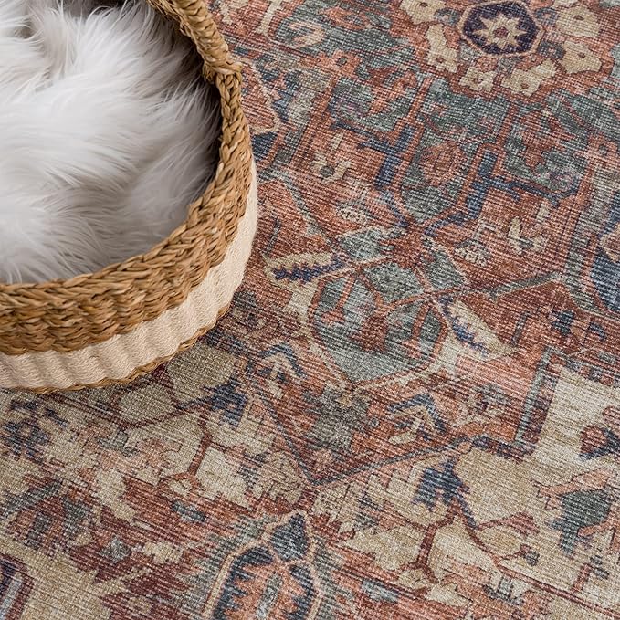 Bloom Rugs Washable 6' x 9' Rug - Beige/Terracotta Traditional Area Rug for Living Room, Bedroom, Dining Room, and Kitchen - Exact Size: 6' x 9'