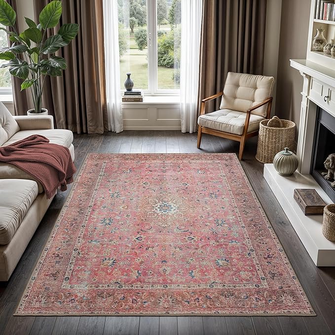 GLN Rugs Traditional Collection - Machine Washable Area Rug, Traditional Washable, Non Slip, Low Pile Chenille Rug, Living Room, Bedroom, Kitchen Rug (6' x 9' Pink/Cream)