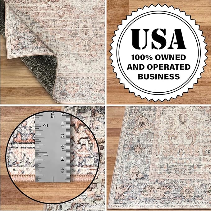 ReaLife Rugs Machine Washable Area Rug Runner - Living Room Bedroom Bathroom Kitchen Entryway - Padded Low Pile Stain Resistant Premium - Boho Farmhouse Vintage - Lyle - Gray Ivory Blush 3' x 5'