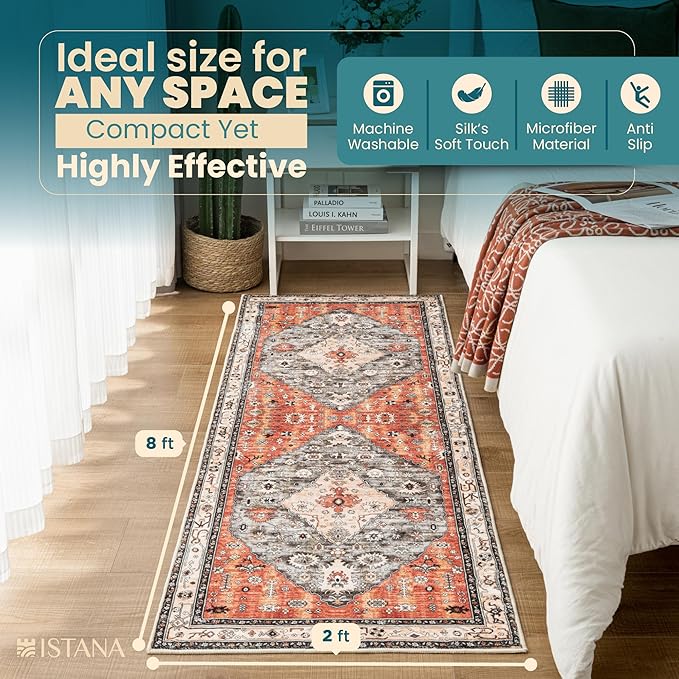 Istana Hallway Runner Rug 2x8 – Red/Teal Entryway Rug -Silk's Soft Touch Runners for Hallways - Stylish Kitchen Runner Rug Non Slip
