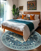 Area Rugs 5ft Washable Non-Slip, Floral Vintage Distress Print Pattern Medallion Carpet for Living Room Bedroom Dining Room, Teal Green Lake Blue Turquoise