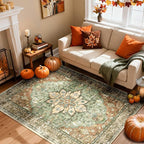 Area Rugs 4'x6' Washable Non-Slip, Floral Vintage Distress Print Pattern Medallion Carpet for Living Room Bedroom Dining Room, Brick Red Rust Neutral Brown Burnt Orange Green