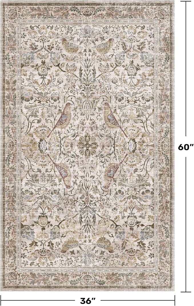 Washable 3x5 Moss Large Entryway Rugs - Low Pile Soft Boho Area Rug for Bedroom Beside Bed, Laundry, Non Slip Floral Kitchen Mat for Floor, Vintage Botanical Design Stain Resistant Carpet