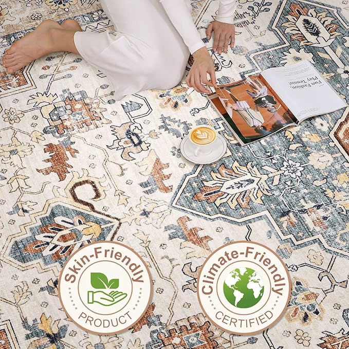 10x14 Area Rugs Living Room: Washable Boho Large Neutral Vintage Soft Rug Stain Resistant Distressed Farmhouse Non-Slip Indoor Floor Carpet for Bedroom Nursery Kids Office Dining Room- Beige Blue