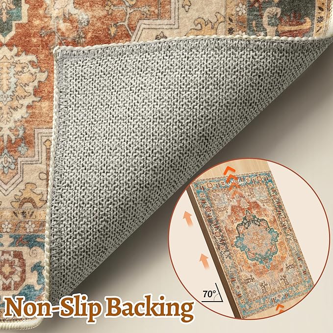 Tangsoo 2.6x8 Washable Runner Rug for Hallways, Non Slip Vintage Runner Rug, Soft Low Pile Long Rug Runner, Print Distressed Orange Carpet Runners for Kitchen Bedroom Entryway Bathroom Living Room