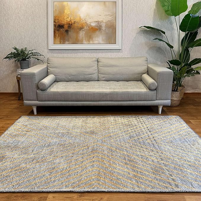 Alfa Rich 4x6 Geometric Gray Gold Washable Area Rugs for Living Room Bedroom Kitchen Cotton Rug