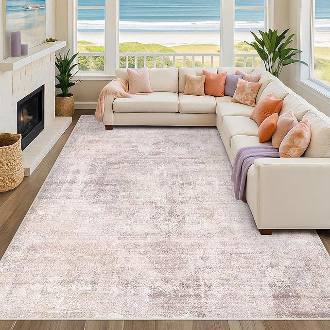 Pink and Grey Living Room Medallion Rug 7x10 - Modern Washable Area Rug for Living Room, Dinning Room, Non Slip Thin & Soft Carpet