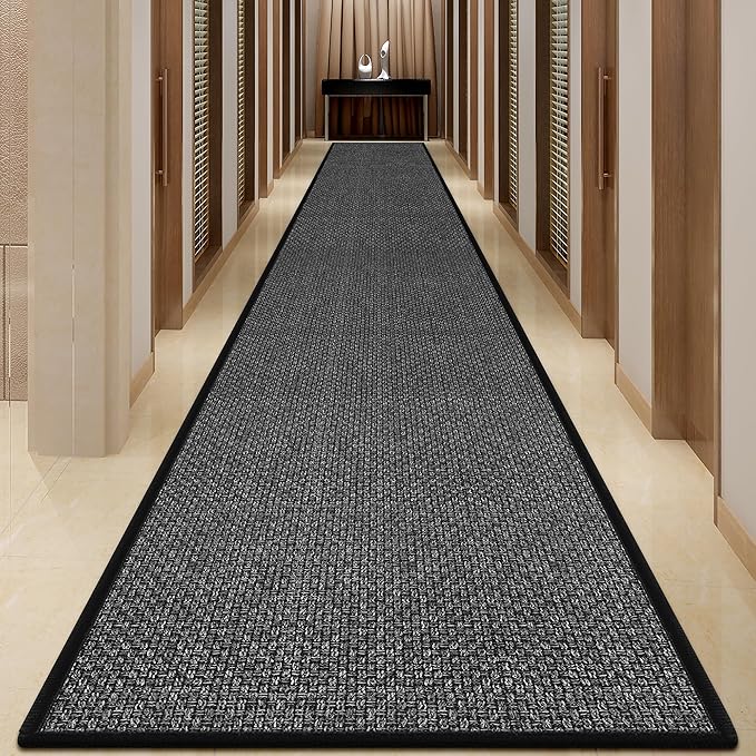 20 ft Jute Hallway Rug Runner Non Slip Washable, Rubber Backed Extra Kitchen Long Carpet Runner, Black Absorbent Laundry Room Rug Mat