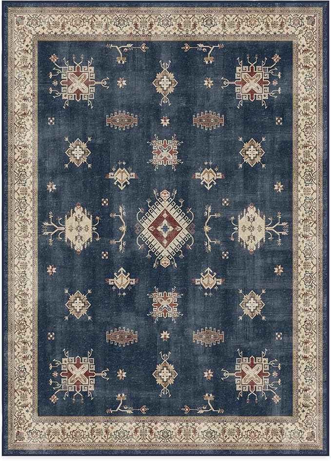 RUGGABLE Washable Vintage Area Rug – Verena Sapphire 10x14, Stain-Resistant, Non-Slip – Large Machine Washable Rugs for Living Room, Bedroom, Hallway, Entryway & Office–with Cushioned Pad