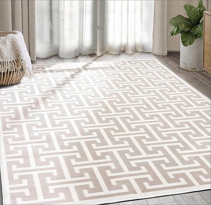 Abani Contemporary 3D Beige & White Modern Greek Key Pattern Area Rug - Geometric Meander 5'3" x 7'6" Arto Collection Neutral Rug Rugs